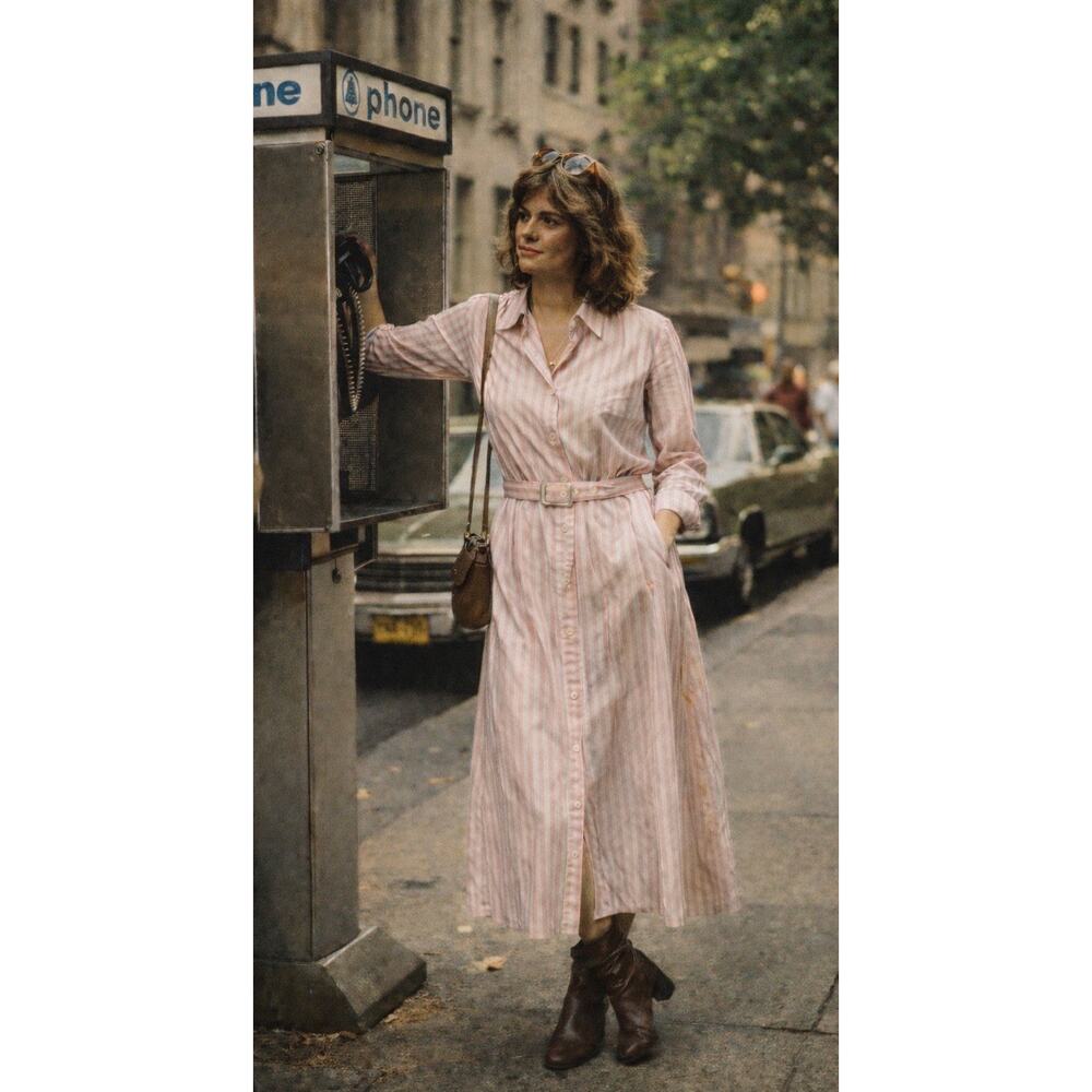 Vintage JT Dress Pink White Striped Shirt Dress Belted USA 80s Women’s 12 EUC